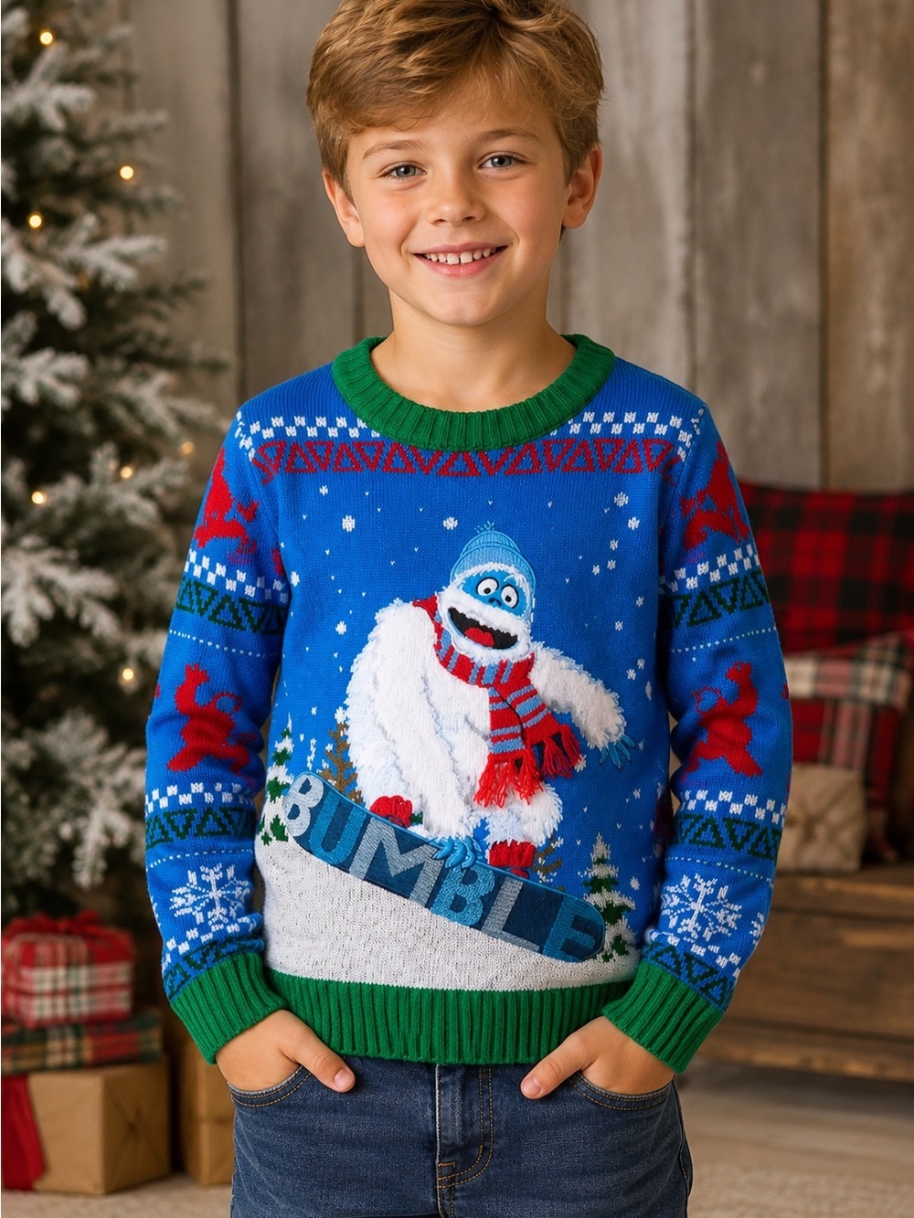 Rudolph • NWT Blue Holiday Yeti Sweater with Green Trim